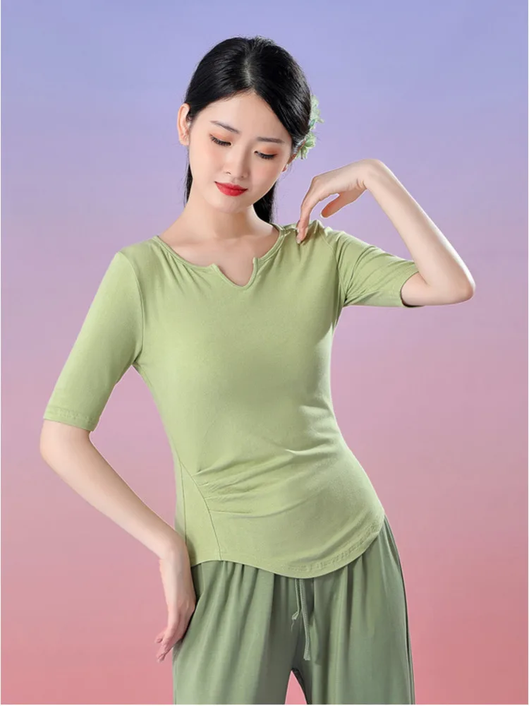 

Solid Color Adult Costume Chinese Folk Dance Latin T-shirt Women Jazz Short Sleeves Line Wear Ballroom Slim Fit Hanfu Tops
