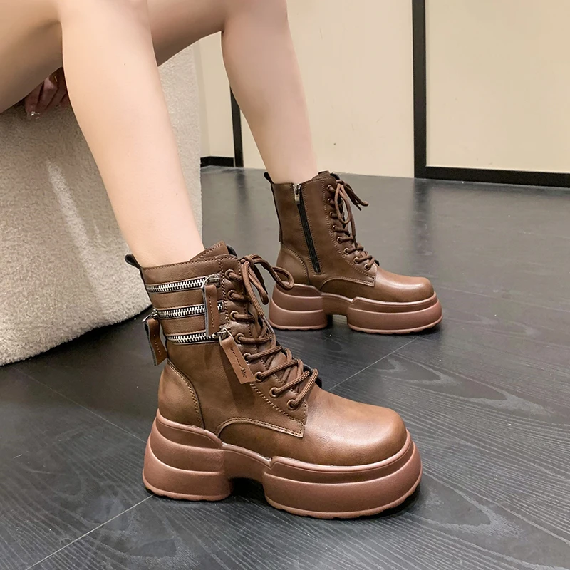 Women Leather Ankle Boots Autumn Winter Lace Up Platform Motorcycle Boots Square Heels Sneakers Zipper Round Toe Streets Shoes