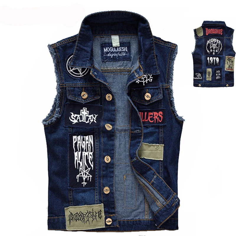 

Classic Vintage Men's Jeans Vest Sleeveless Jackets Fashion Patch Designs Punk Rock Style Ripped Cowboy Frayed Denim Vest Tanks