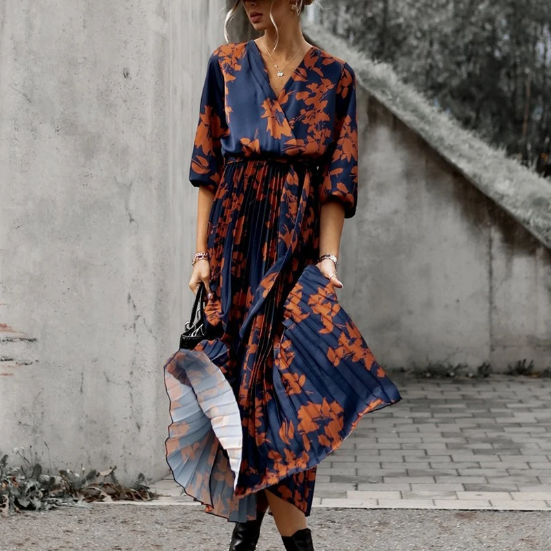 

Женские плиссированные платья, элегантное модное платье с коротким рукавом для осени и весны, платье-трапеция средней длины с V-образным вырезом и цветочным принтом на шнуровке