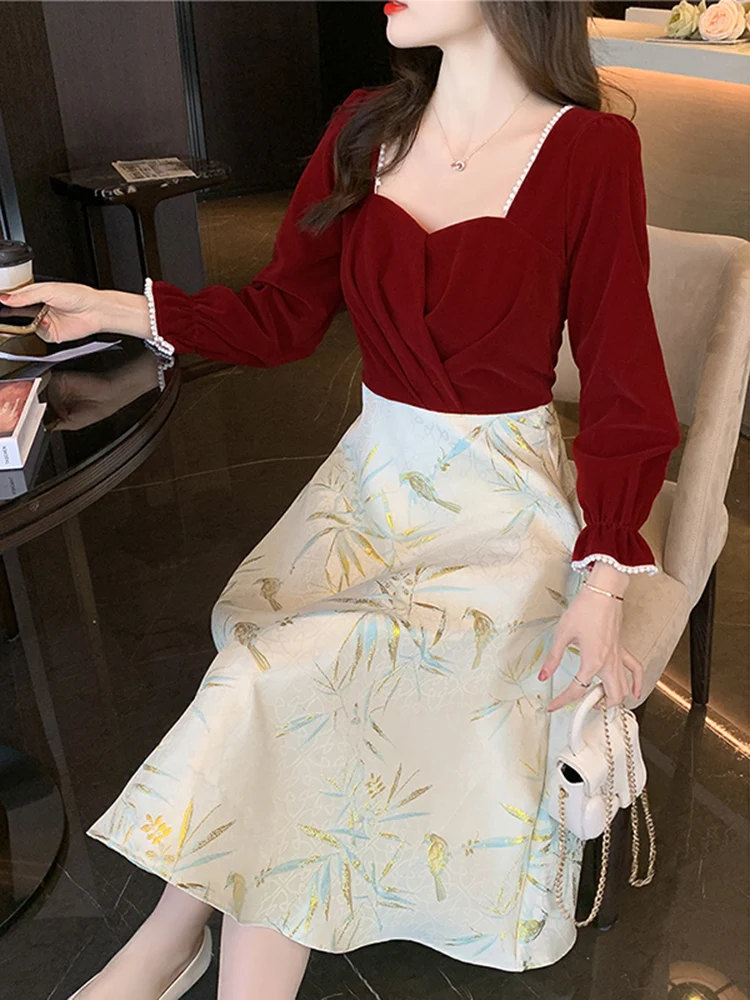 Новое китайское платье с квадратным воротником и принтом A Word женское