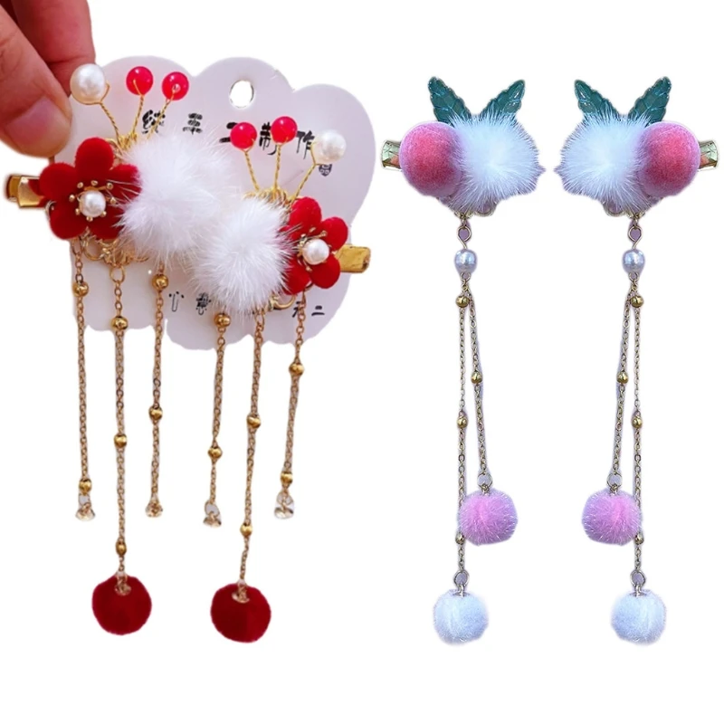 U2JF жемчужные цветочные заколки для волос кисточка пушистый шар заколка