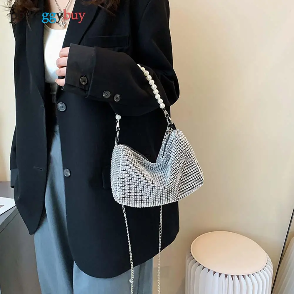 

Модная однотонная сумка Стразы для женщин, сумка на плечо с жемчужной цепочкой, женская сумка-тоут, сумка-клатч через плечо с блестящими бри...
