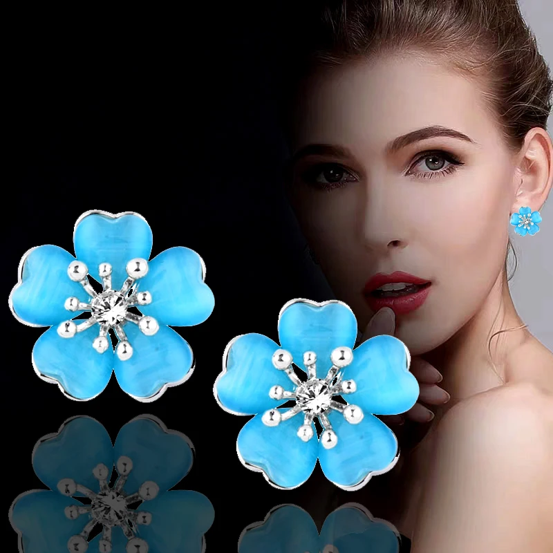 

LEEKER Vintage Blue Biege Pink Opal Flower Stud Earrings For Women Cubic Zirconia Party Jewelry wedding accessories ZD1 LK2