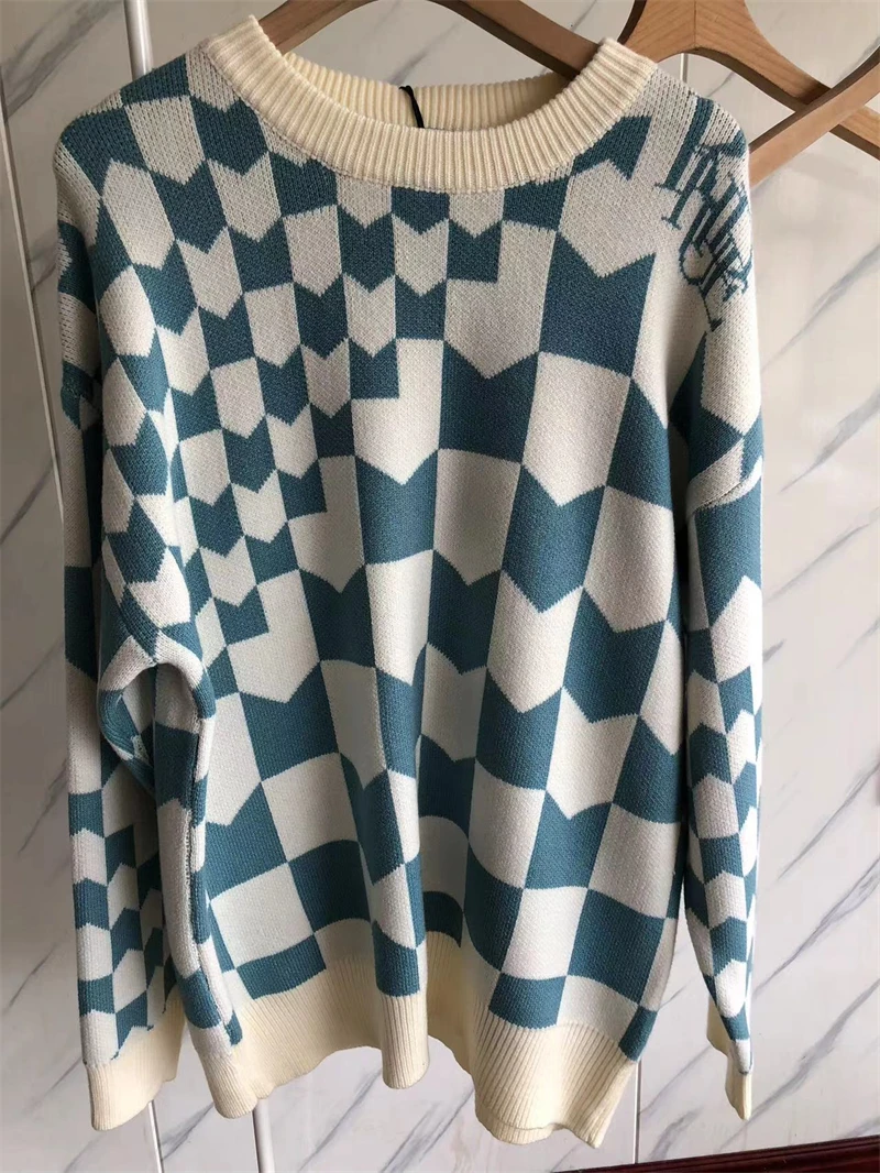 

Y2k синий клетчатый жаккардовый свитер ревеня, мужские и женские повседневные шахматные свитера