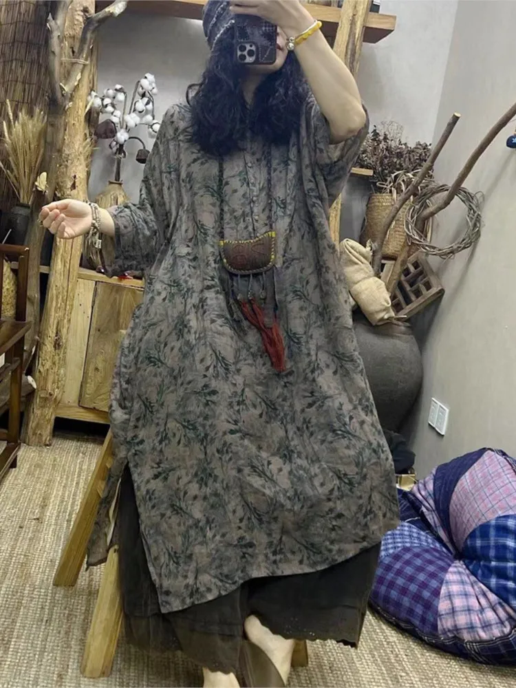 

Womens Dress Summer 2022 Ramie Printed Floral Half Sleeve Loose Vintage Women Dress Robe Female Elegant Dress