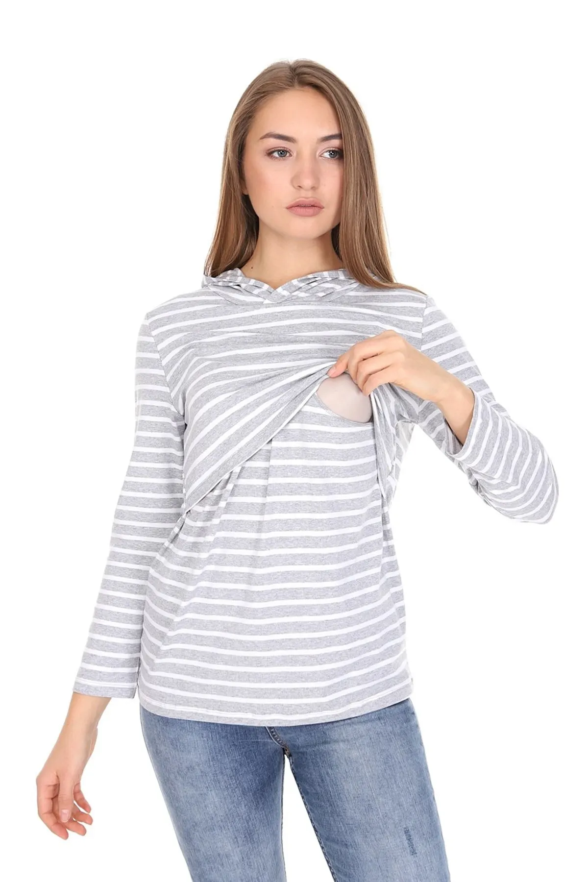 

Maternity Fashion Gray Striped Hooded Breastfeeding Sweatshirt