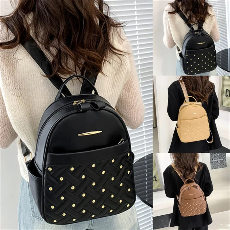 

2022 Fashion Women Casual Travel Rivet Backpack School Bags PU Leather Backpack For Teenage Girls Female Solid Backpack