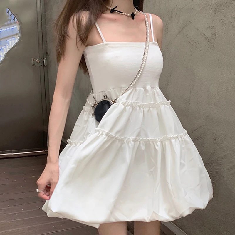 

Rimocy New Spaghetti Straps Mini Satin Dress for Women Summer 2022 Solid Color Sleeveless Dresses Woman Pleated Sundress Female