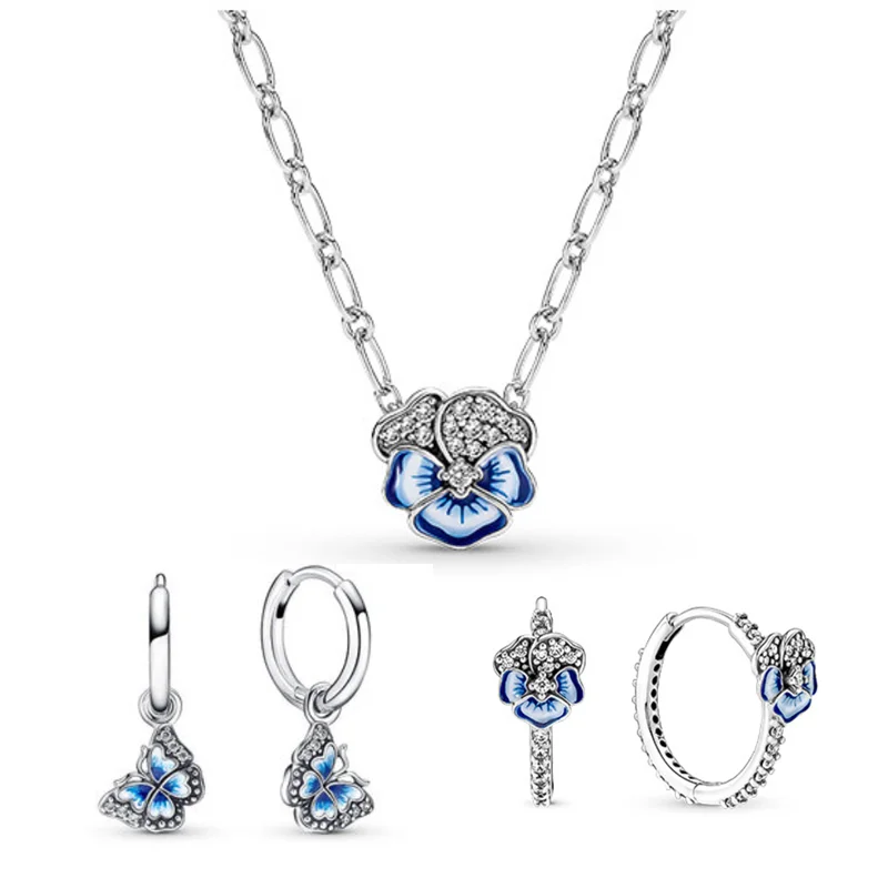 

2023 Spring New Fashion 925 Sterling Silver Necklace Ear Jewelry Charm Women Jewelry Set Blue Pansy Flower Butterfly Girlfrie