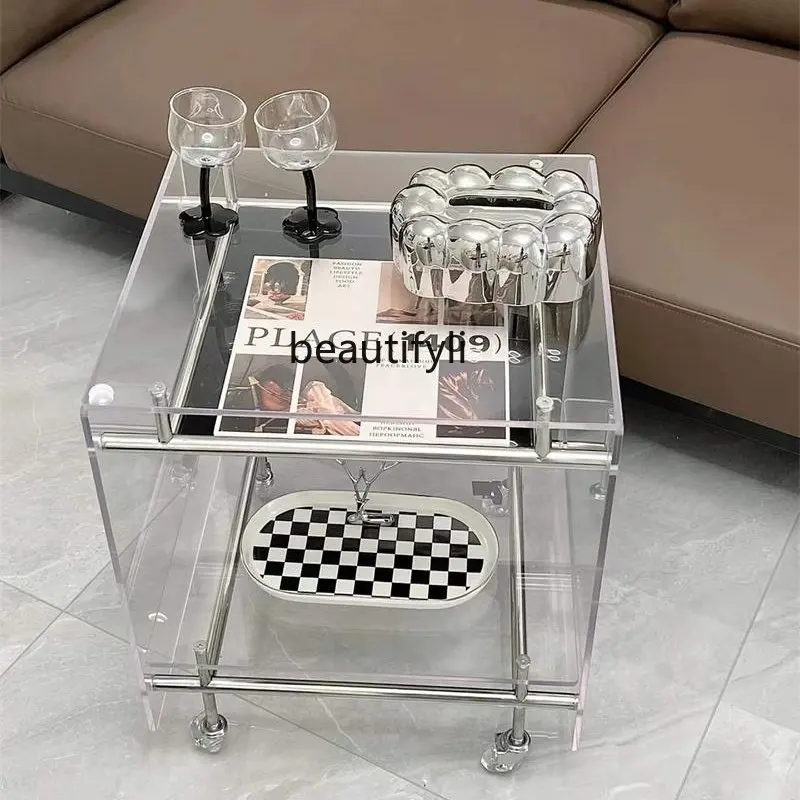 

yj Middle-Ancient Acrylic Trolley Sofa Side Table Bedside Table Movable Stainless Steel Shelves