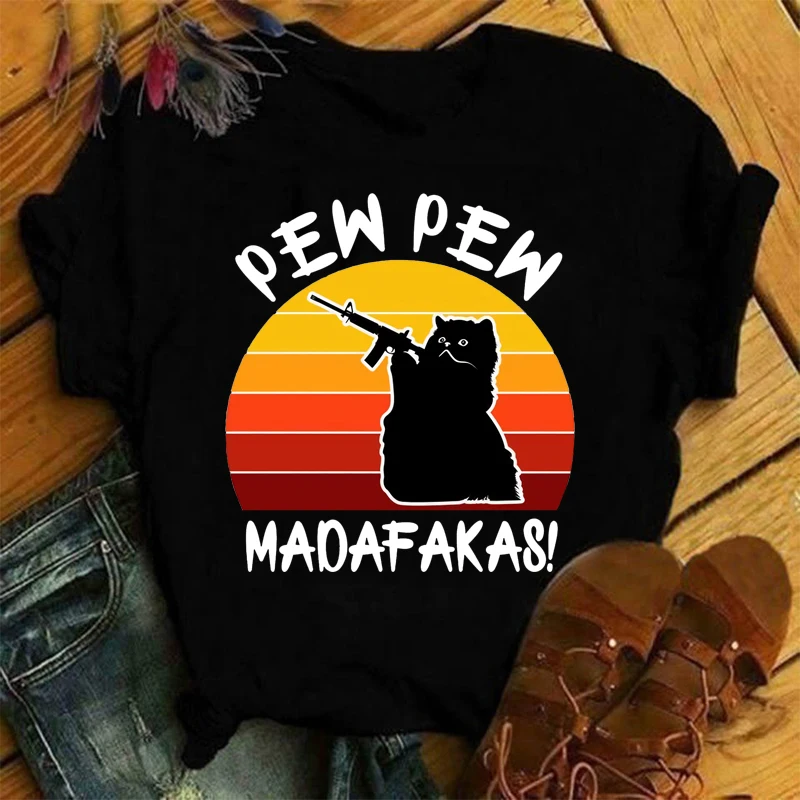 

Pew Pew Madafakas Women Tshirt Cute Black Cats Printing T Shirt Fashion Brand Oversize T-Shirt for Men Casual Short Sleeve Tops