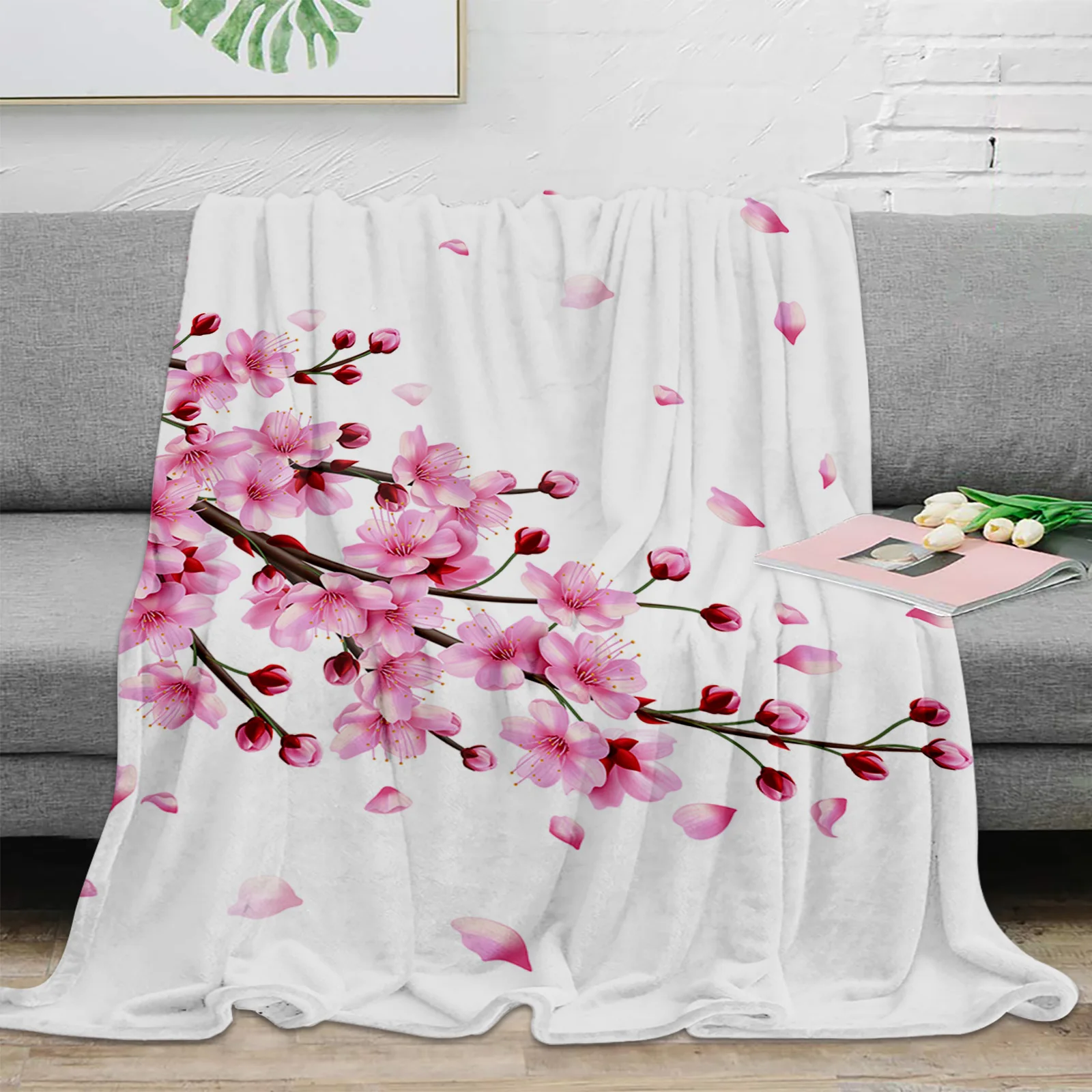 

Весеннее ветка цветущей вишни, розовый цветок, белое одеяло для детей, теплое одеяло для дивана, фланелевое одеяло, портативное мягкое покрывало