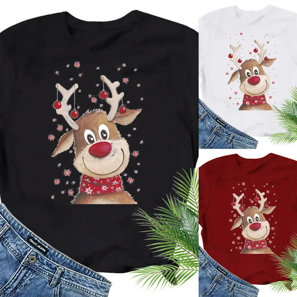 

Cartoon Deer Print T Shirt Merry Christmas Women Men Casual Tops 3D Christmas Elk Printed T-shirt Funny Top New Year Gift Female