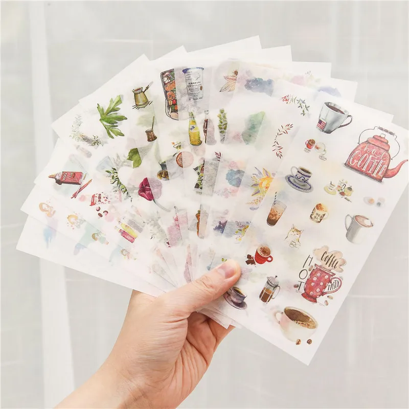 

6 Sheets/pack Cartoon Cat Cute Stickers Botanical Stickers Washi Paper Sticker Kawaii Journal Stickers Stationery Supplies