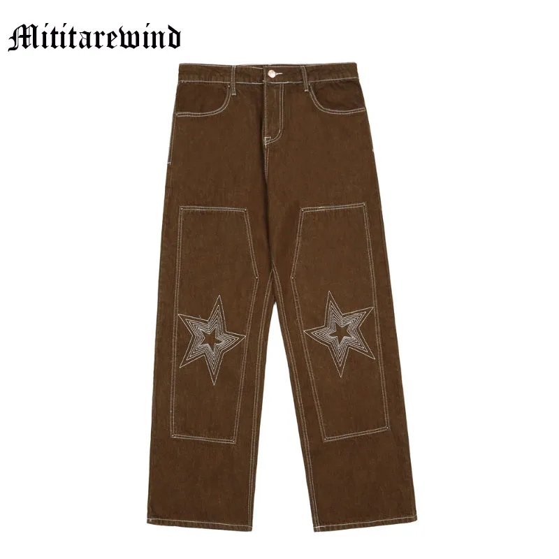 

Брюки мужские с вышивкой в виде звезд и букв, винтажные повседневные джинсы в американском стиле, свободные штаны в стиле ретро, в стиле хип-хоп, весна-осень