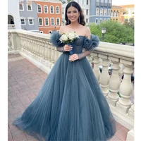 haze blue tulle elegant prom dress women for wedding party a line off the shoulder long sleeves formal evening gowns