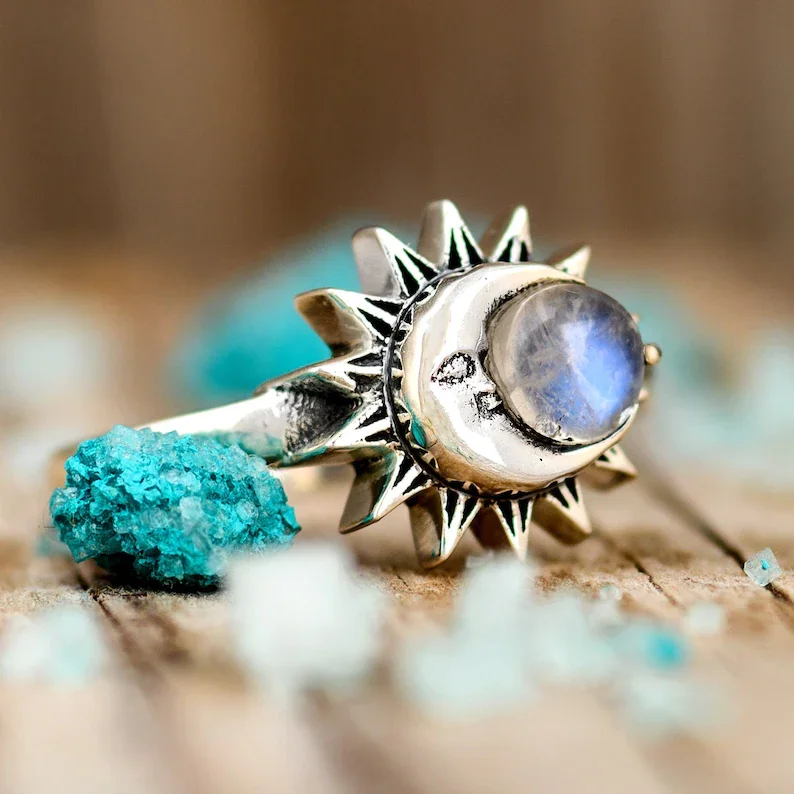

Moonstone Sun and Moon Ring,Rings for Women, Stone Ring, Gemstone Ring, Boho Ring, Celestial Jewelry