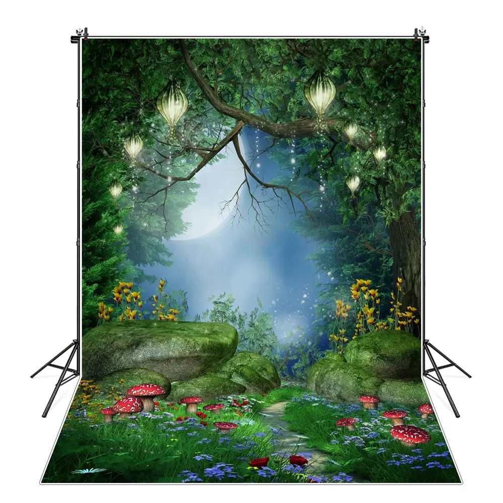 

Fairy Tale Road Photography Backgrounds Wonderland Forest Mushroom Flowers Path Full Moon Lights Backdrops Photographic Portrait