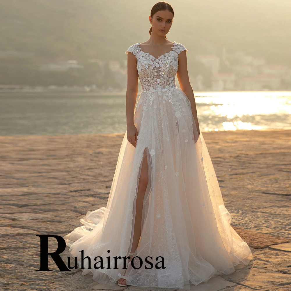 

Ruhair Pastrol Sexy Pearls Side Slit Wedding Dresses Sleeveless Illusio For Bride Appliques Vestidos De Novia Formal Brides Gown