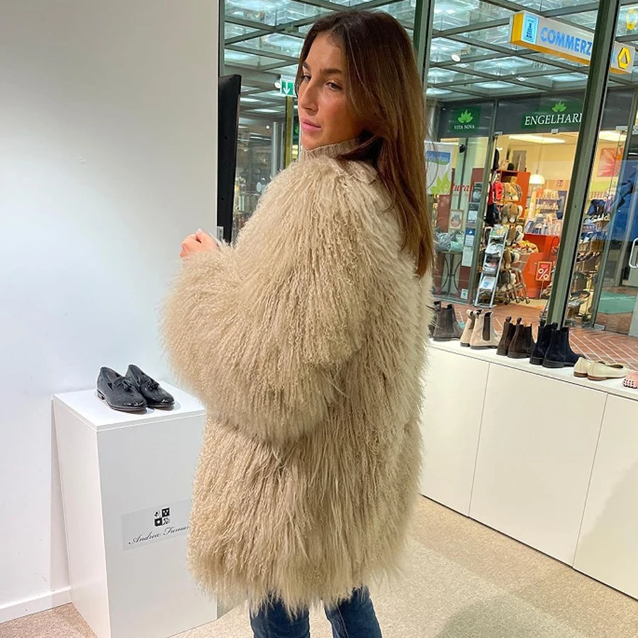 Women Lamb Fur Coat Mongolia Sheep With Round Collar Mid-Length Winter Real Jacket 2024