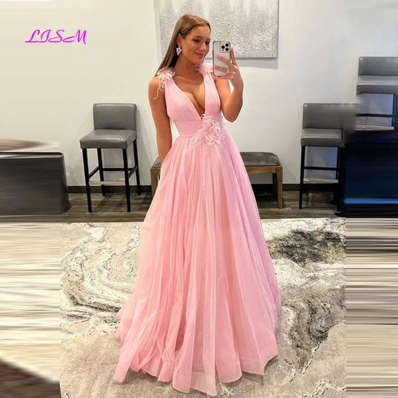 

V-Neck Pink Tulle Long Prom Dresses Sweet Backless Formal Graduation Evening Dress Sleeves Party Gowns