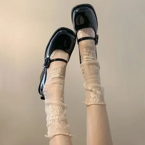 Женские летние ультратонкие сексуальные прозрачные ледяные стеклянные нити с цветочным принтом, длинные корейские кружевные средние носки с кристаллами, носки в стиле Лолиты
