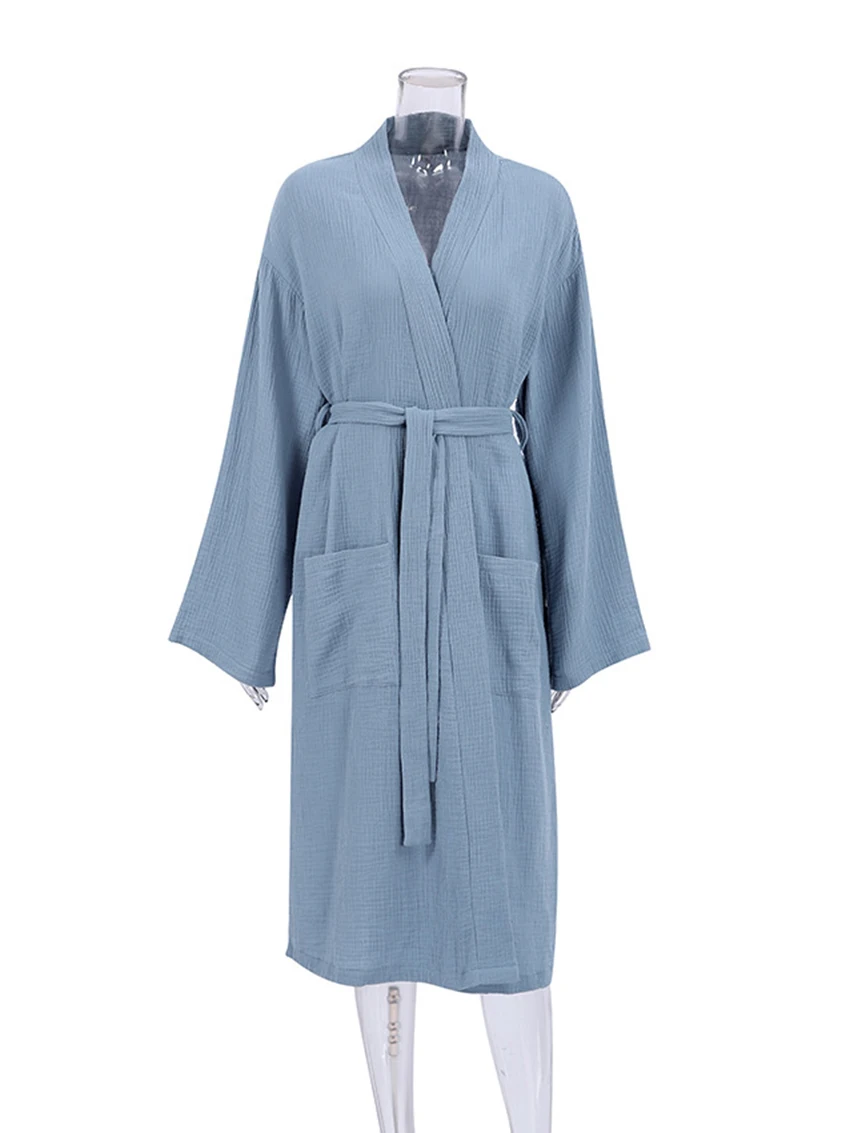 Marthaqiqi Cotton Women'S Pajamas Sexy V-Neck Robe Long Sleeve Nightgowns Double Pockets Lace Up Bathrobe Home Clothes For Women