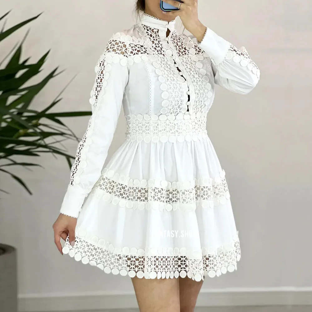 

Women Fashion Chic White Dress Mesh Hollow Out Patchwork High Waist Casual Dress Spring Summer Stand Collar A-line Ladies Dress