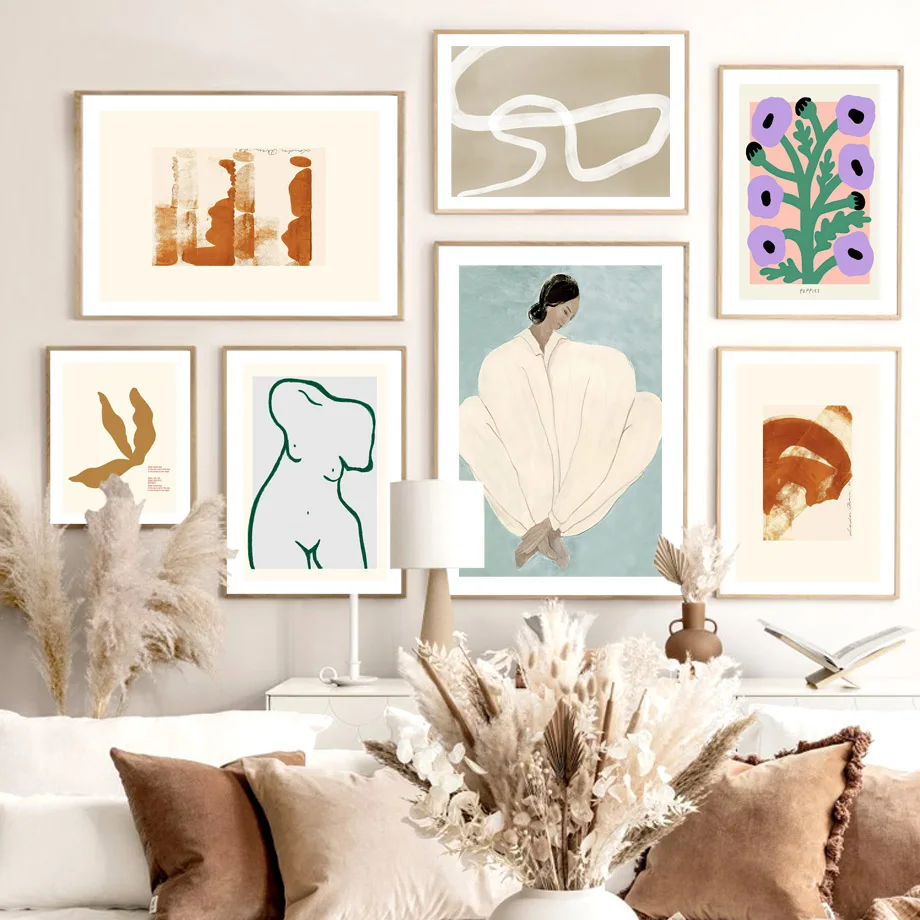 

Abstract Nordic Poster Pajamas Girl Nude Lines Curve Geometry Leaf Wall Art Print Canvas Decor Pictures For Living RoomPainting
