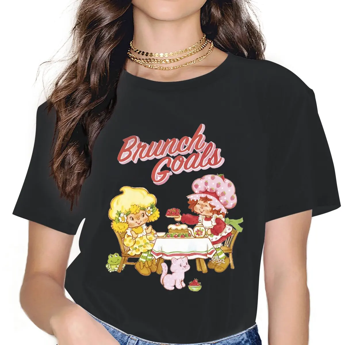 

Женская Винтажная футболка с мультипликационным принтом, Классическая свободная футболка с клубничным принтом и графическим принтом