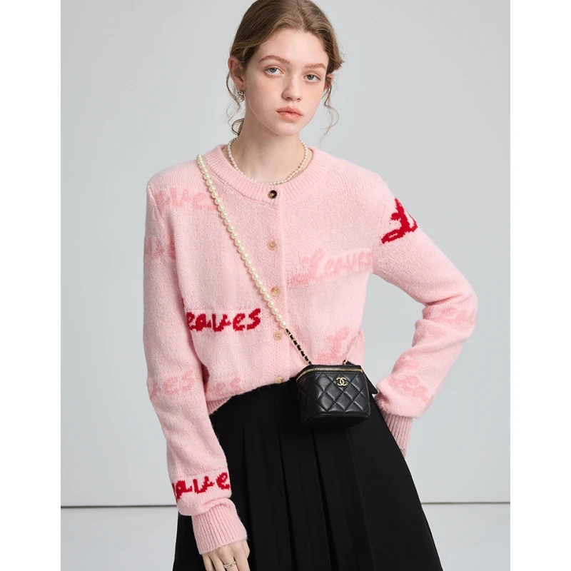 

Women's Clothes Pink Cardigan Sweater Letter Outerwear Fashion Leisure Vintage Lazy Wind Winter Knitting Single Breasting Coat