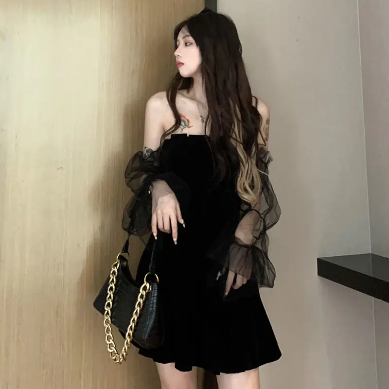 

Dress Womens Long Sleeve Slim Solid Off Shoulder Sexy Slash Neck High Waist Design Mesh Fashion Club Wear Temperament Lady New