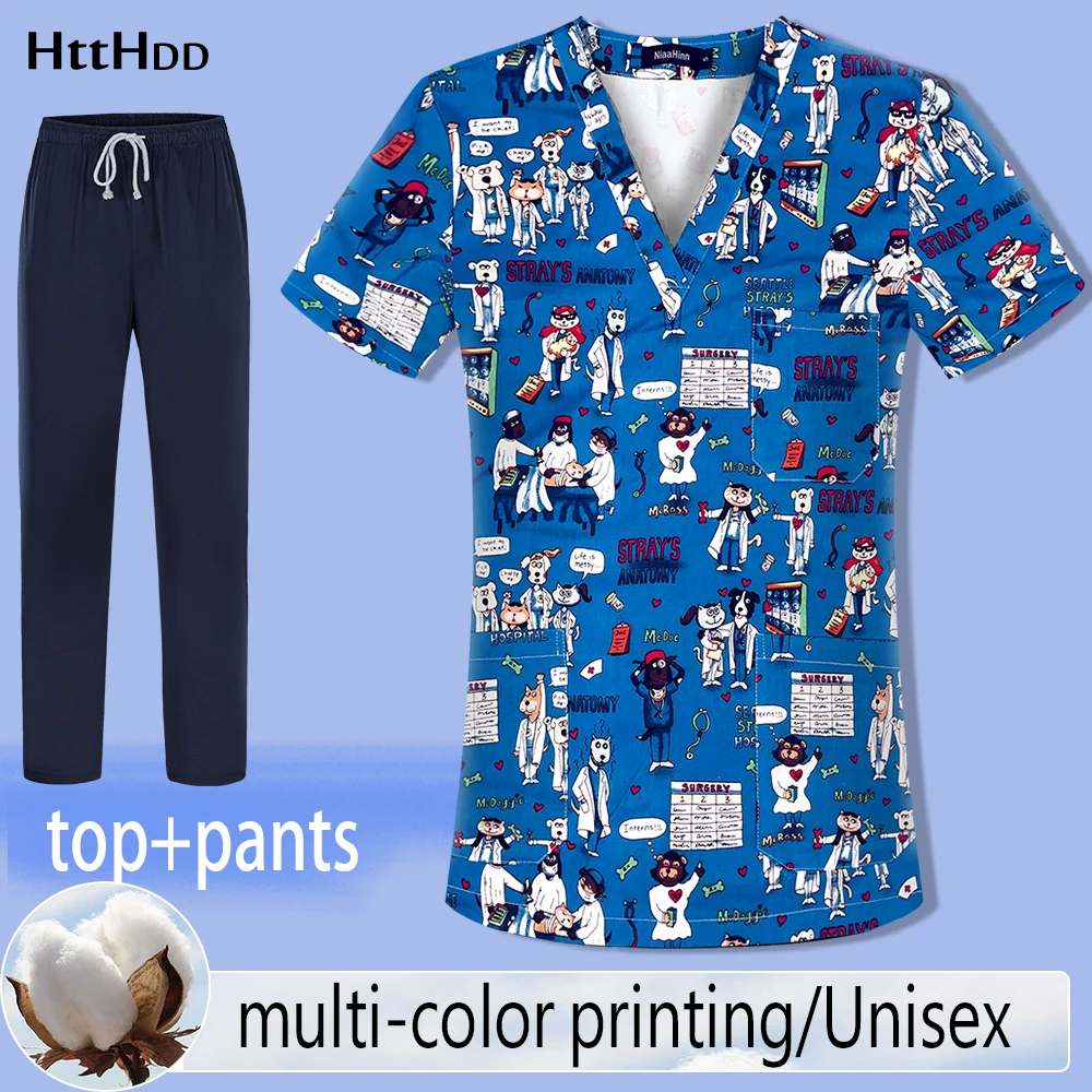 

Doctor Uniform 2022 Summer New Cute Cartoon Print 100% Cotton Breathable High Quality Nurse Work Clothes Pet Shop Scrub Top