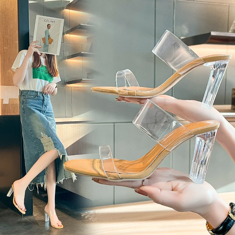 

Босоножки женские прозрачные на высоком каблуке, модные туфли с квадратным носком, пикантные тапочки, размеры 34-43, лето