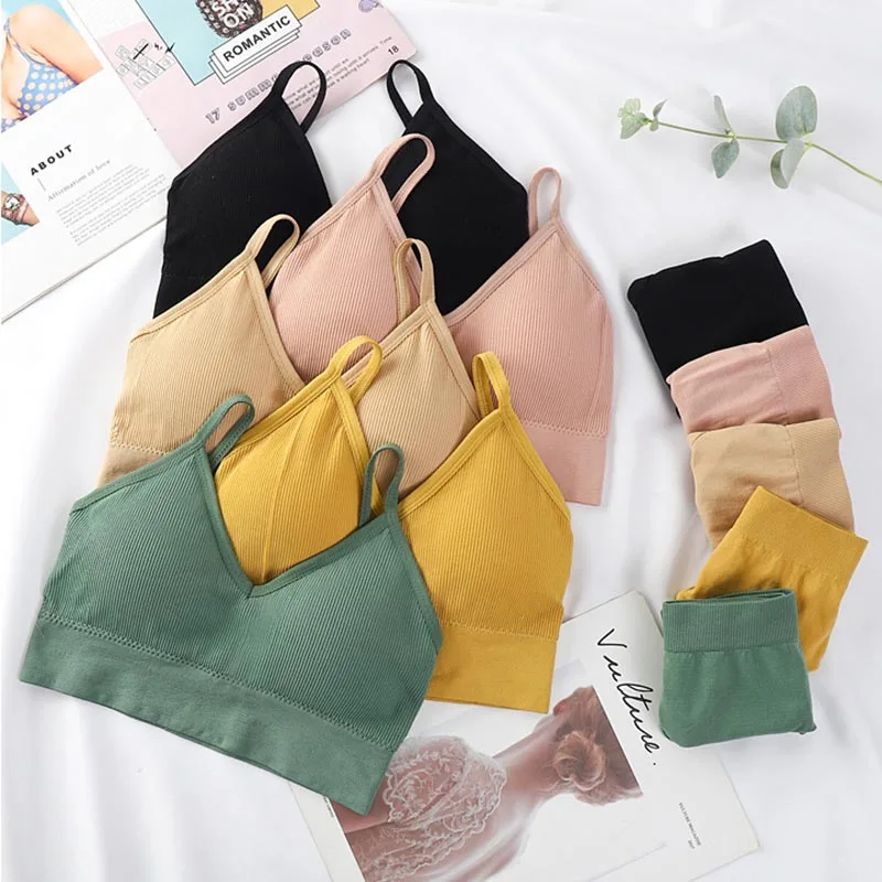 

Q Sexy Women Bra Panties Set G-String Sports Bra Crop Top Seamless Underwear Fitness Bra Top Thongs Female Lingerie Set Intimate