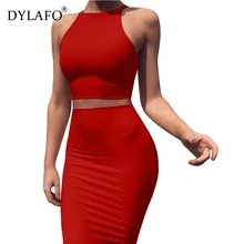 Bodycon O Neck Ruched Two Piece Set Women Solid Sleeveless Crop Top Long Skirt Summer Ladies Elegant Casual Beach Dress