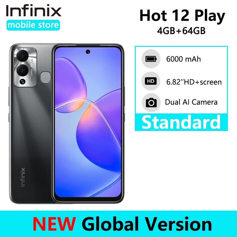 Infinix Hot 12 Play 4GB 64GB 6000mAh Smartphone Battery 6.82'' HD+ Display Helio G35 13MP AI Dual Rear Camera Android 11