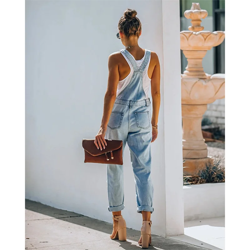 Women's Ripped Denim Jumpsuit Light Color Temperament Pocket Commuter Cotton Denim Ordinary Mid Waist Blue Strap Jeans Trousers