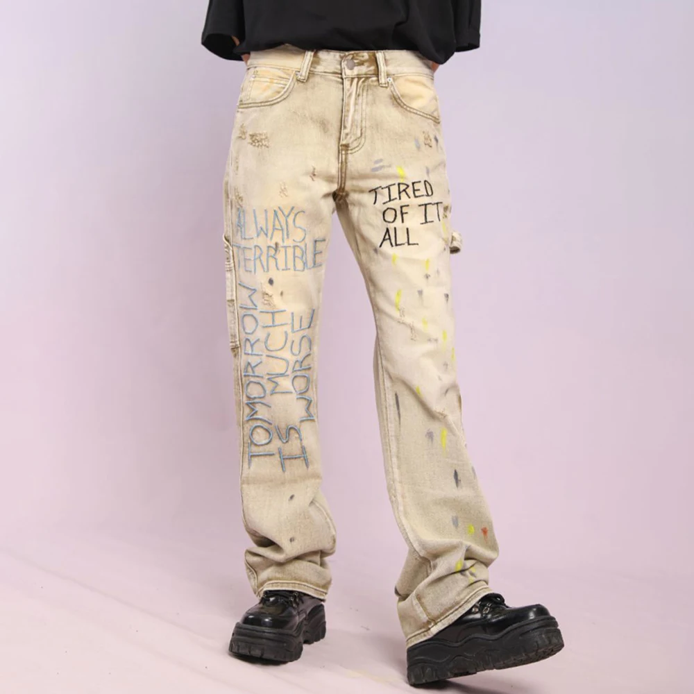 American Retro Embroidered Letters Denim Trousers Men's 2023 New High Street Loose Wide-leg Jeans Street Wear Straight-leg Pants