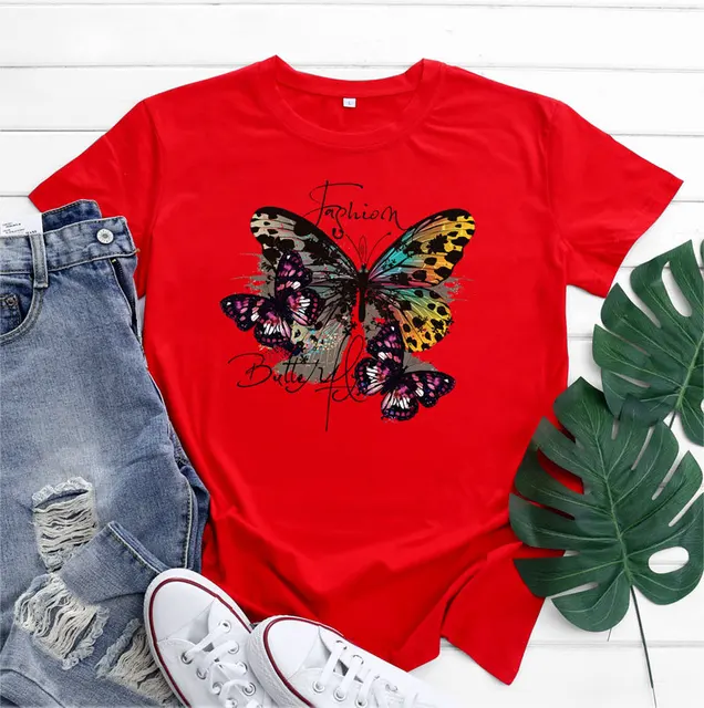 JFUNCY 2023 Fashion Women's T-shirts Cotton Tshirt with Short Sleeve Tops Butterfly Printed Graphic T Shirts Female Clothing 6