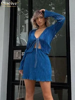 clacive sexy blue pleated skirts sets autumn bodycon high waist mini skirts suit fashion lace up shirts womens two peice sets