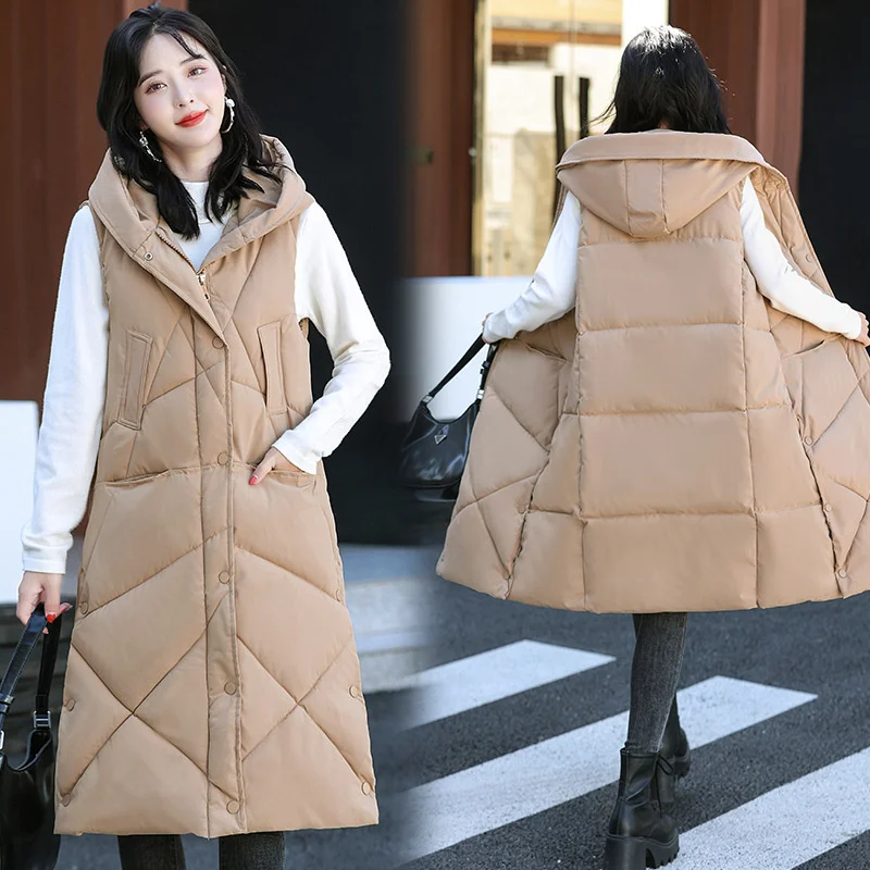 

2022New Women Casual Long Down Cotton Vest Autumn Winter Warm Waistcoat Windproof Hooded Parka Female Overcoat Sleeveless Jacket