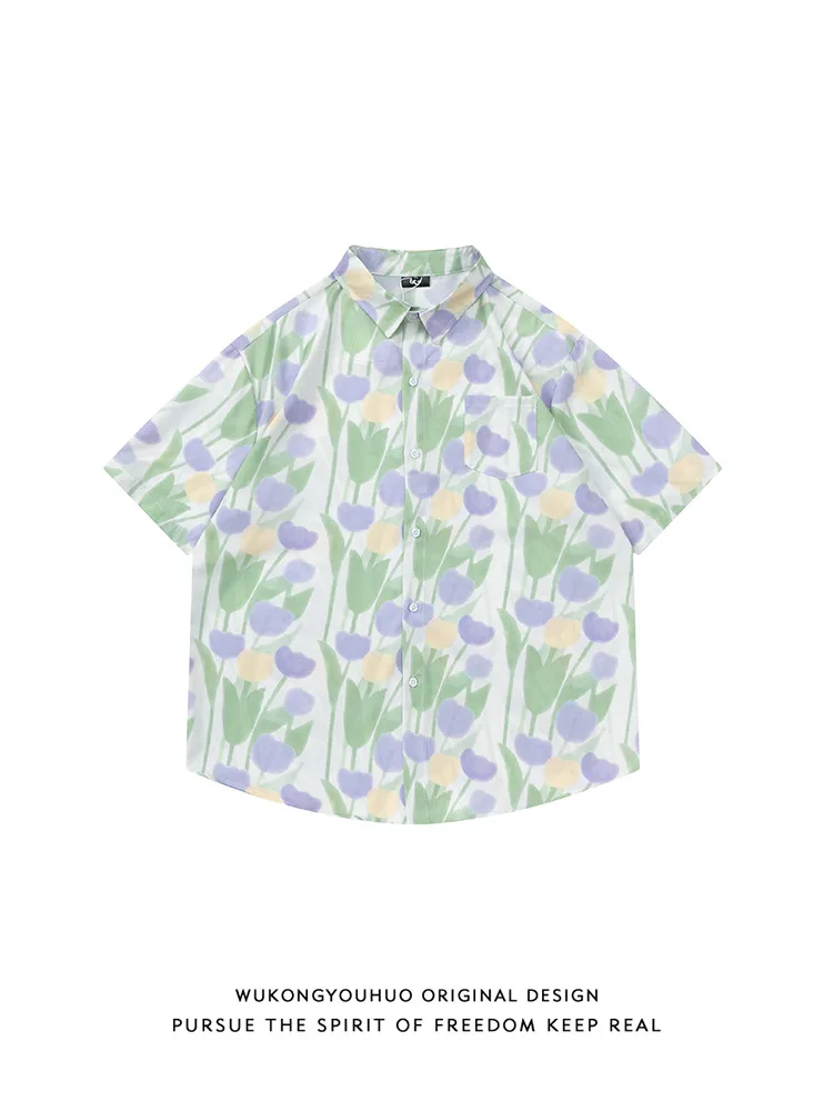 

Summer Retro Color Matching Floral Full Printed Short-Sleeved Shirt Men's Fashion Brand Loose Couple Casual Flower Shirt