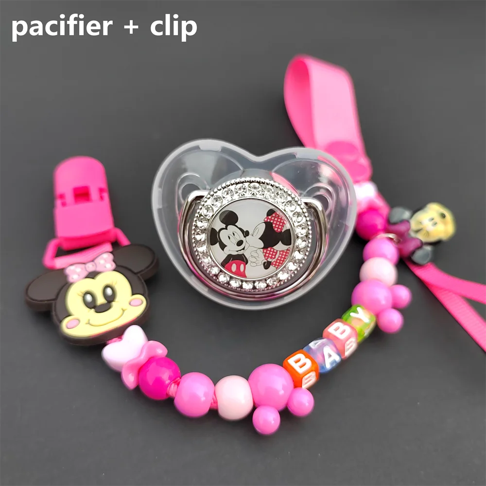 

Babi Bling Pink Rhinestones Dummy Chupeteors for 0-18 Months Babies Beautiful Minnie Mouse Image Pacifier with Beads Clip Chain