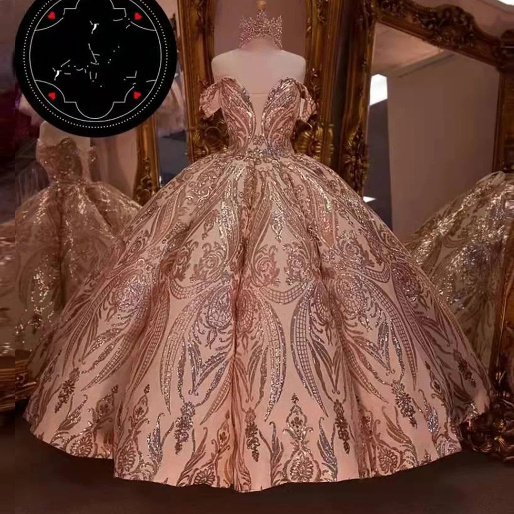 

Saudi Arabia Luxury Rose Gold Sequins Applique Ball Gown Evening Dress Sweetheart Off Shoulder Lace Up Prom Gown robes de soirée