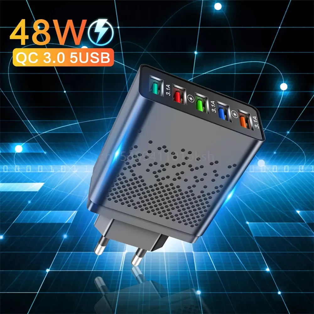 

48W 5USB Charger Fast Charging QC3.0 Travel Charger For iPhone12 11 Huawei Mobile Phone Quick Charger EU/US Plug Adapter