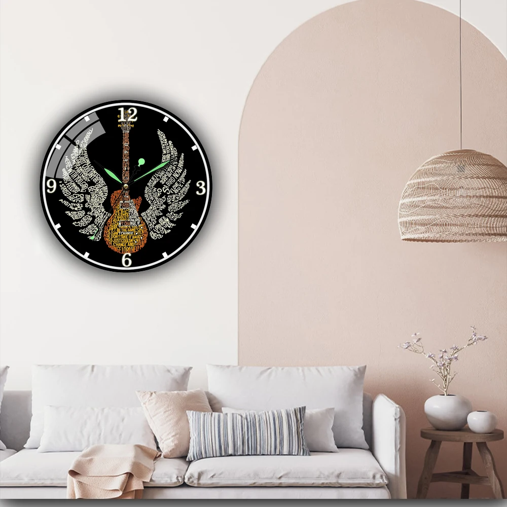 

Guitar Pattern With Angel Wings Hanging Clock Instrument Minimalist Home Decor Silent Wall Watch Musician Studio Guitarist Gift