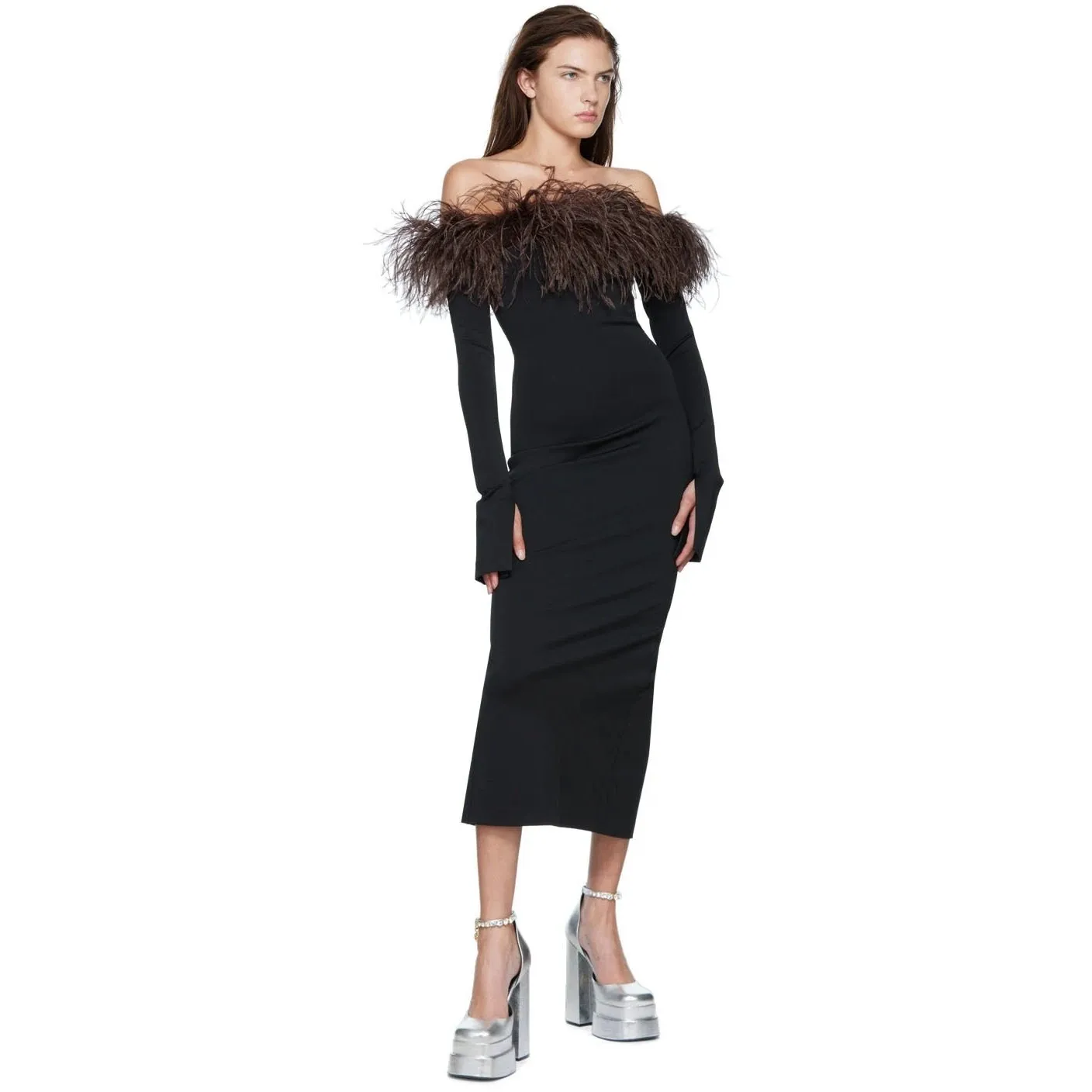 

Black Sexy Woman Dress Strapless Ostrich Feather French Retro Elegant Long Sleeve Tea-Length Off-the-shoulder Party Party Gowns