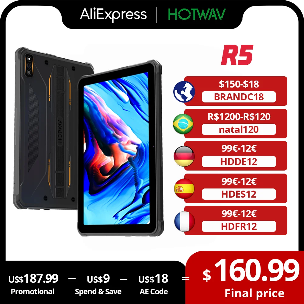 HOTWAV R5 Rugged Tablet 15600mAh Android 12 10.1 Inch HD+ Pad 4GB 64GB Octa Core 16MP Dual SIM GPS Global Version Tablets PC